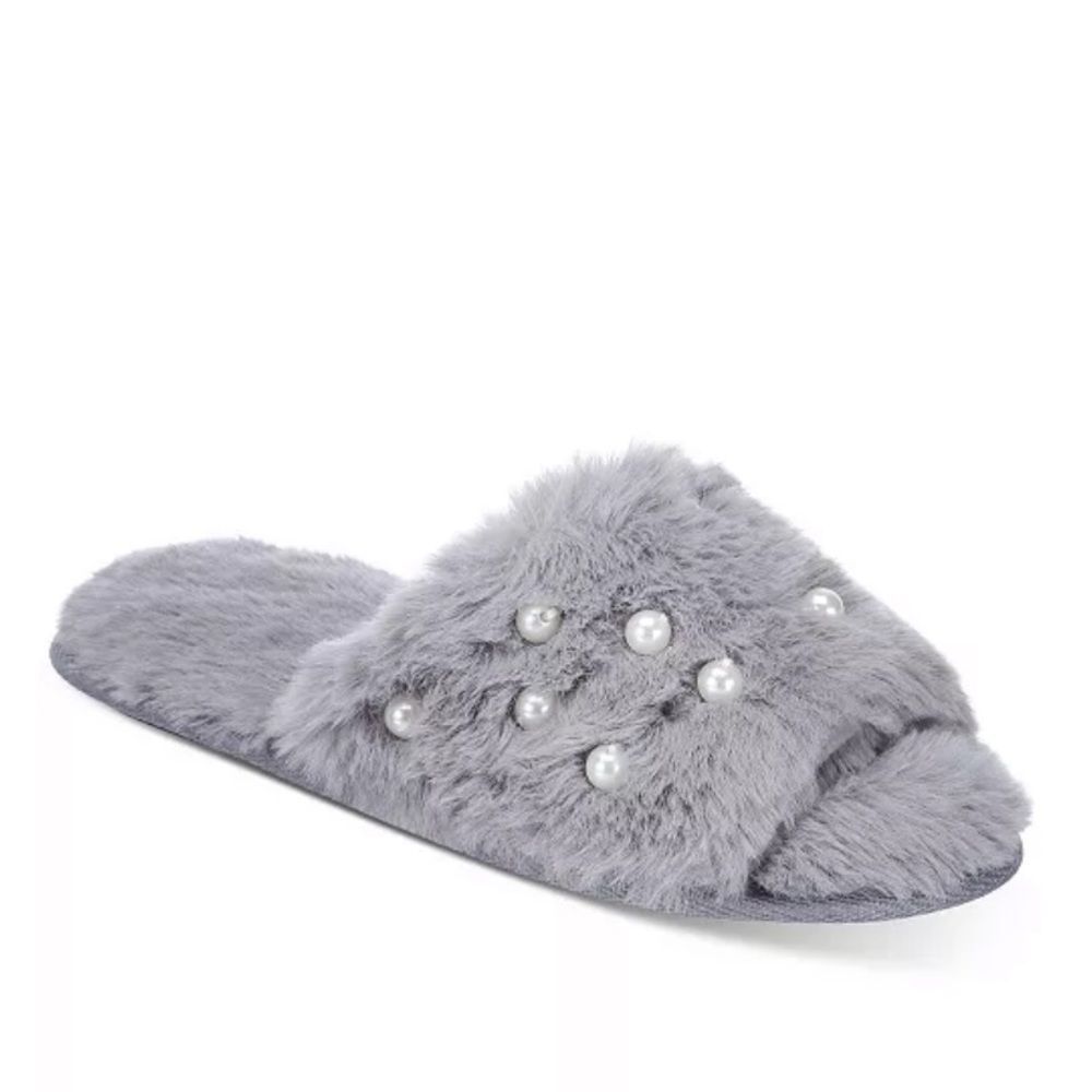INC Women's Pearl Furry Grey Slide Boxed Slippers MED 7/8
